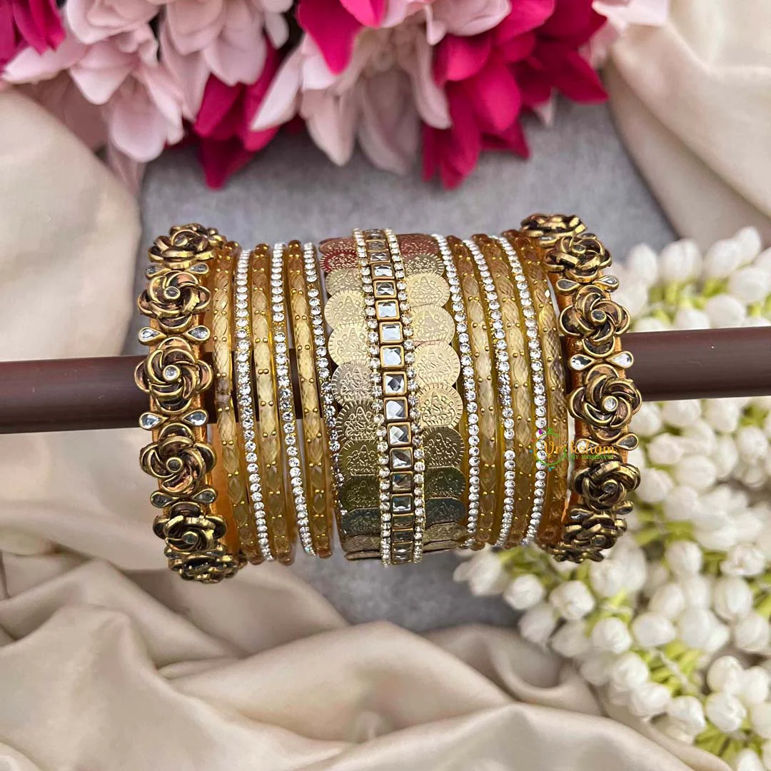 Golden & Laxmi Coin With Floral Kada Style Glass Bangle Set